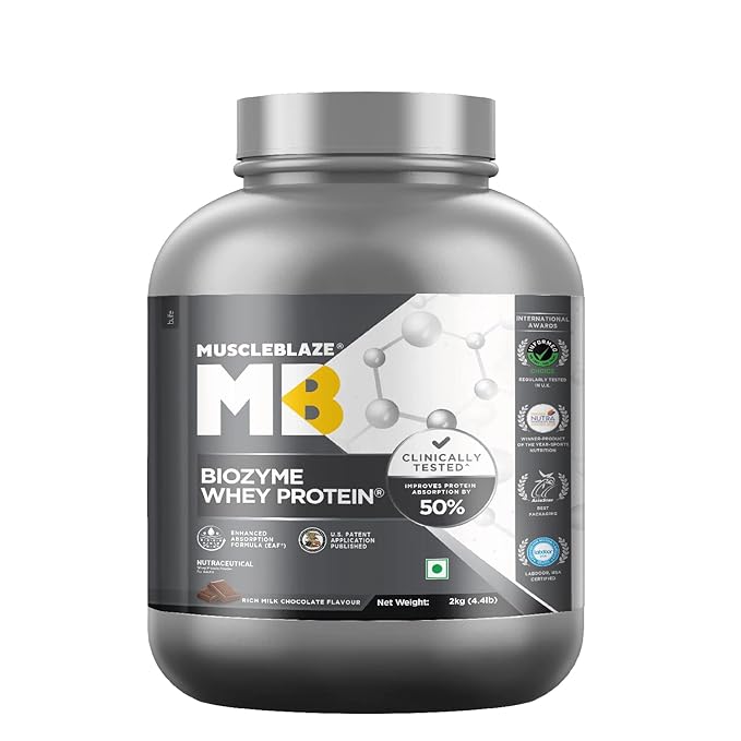MuscleBlaze Biozyme Whey Protein, Blend of Whey Isolate & Concentrate | Informed Choice UK, Labdoor USA Certified & USA Patent-Published Enhanced Absorption Formula | 25 g Protein, 11.8 g EAA & 5.5 g BCAA Per Scoop