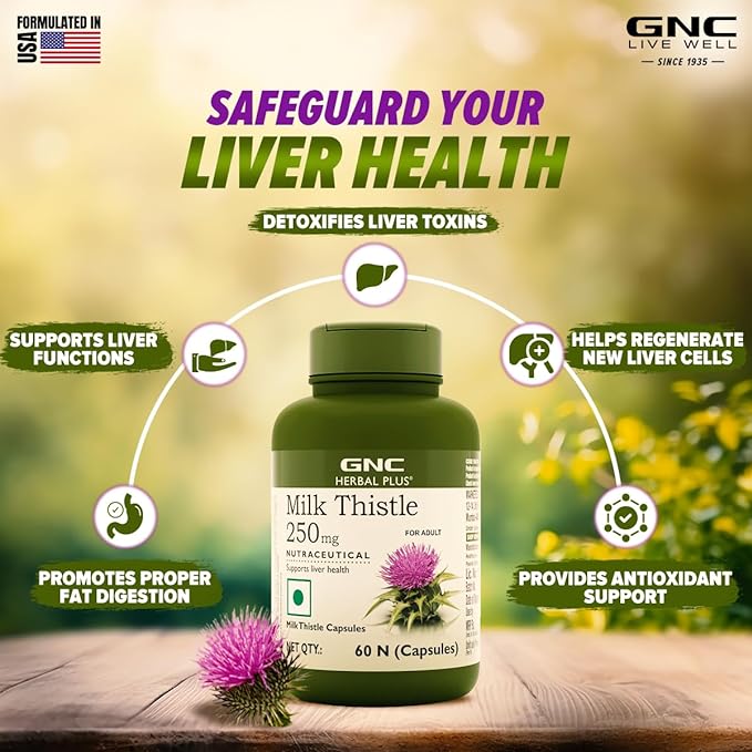 GNC Herbal Plus Milk Thistle | 60 Capsules | Removes Liver Toxins | Protects Liver Health | Detox Supplement for Men & Women | Promotes Proper Fat Digestion | Formulated in USA