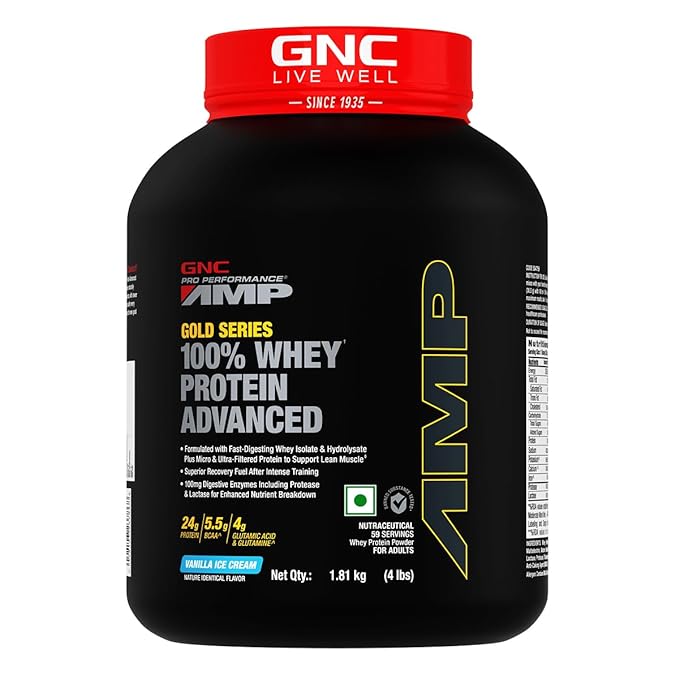 GNC AMP Gold Series Whey Protein Advanced | Lean Muscle Gains | Intense Workout | Informed Choice Certified | 24g Protein | 5.5g BCAA | 4g Glutamine | Formulated In USA
