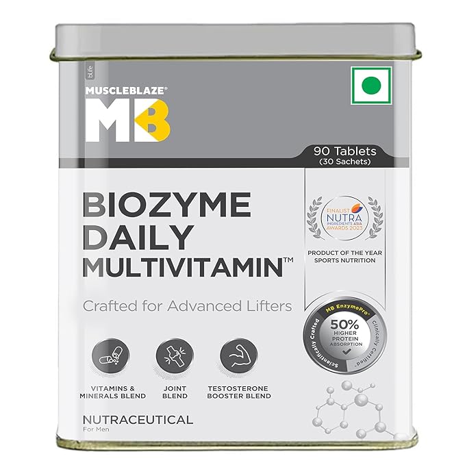 MuscleBlaze Biozyme Daily Multivitamin, 5-in-1 Supplement with Vitamins, Minerals, Joint, T-Booster Blend & with US Patent Published EAF®, for Higher Energy & Improved Performance Levels