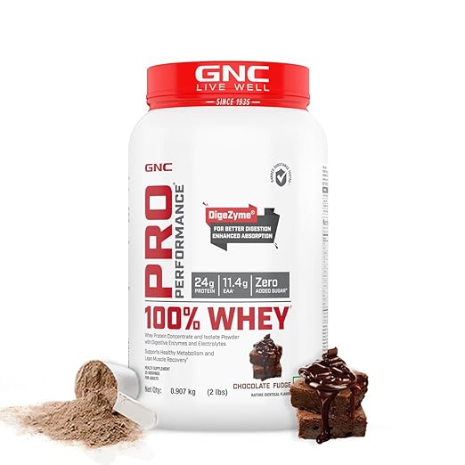 GNC Pro Performance 100% Whey Protein | Muscle Growth | Muscle Recovery | DigeZyme® For Easy Digestion | Informed Choice Certified | 24g Protein | 5.5g BCAA | Imported Whey